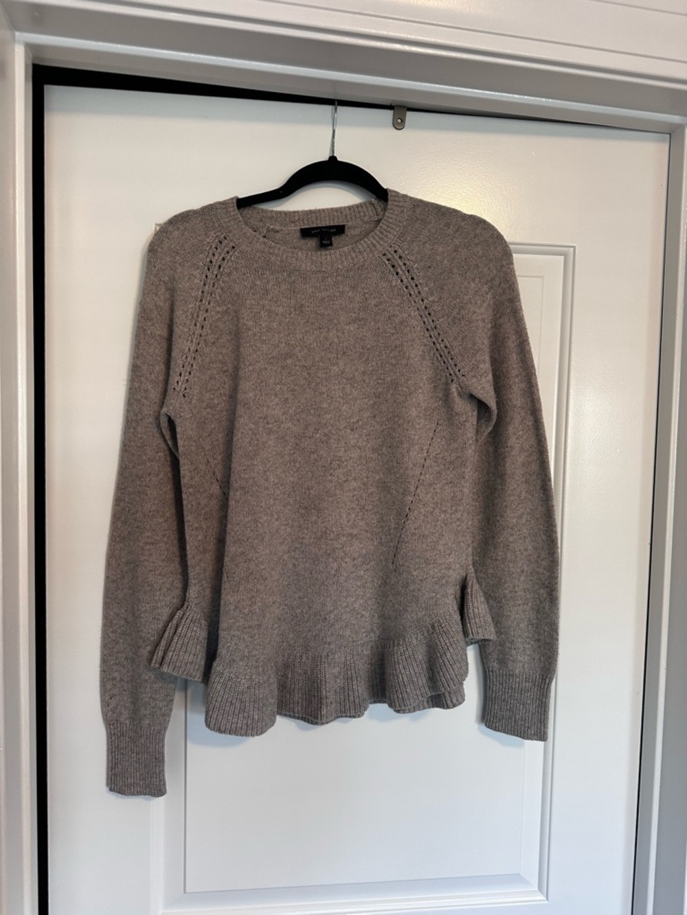 Ann Taylor Light Grey Crewneck Sweater with Fluted Hem